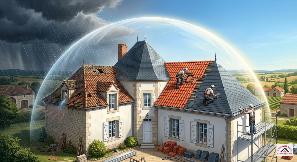 Travaux de couverture, pose de tuiles